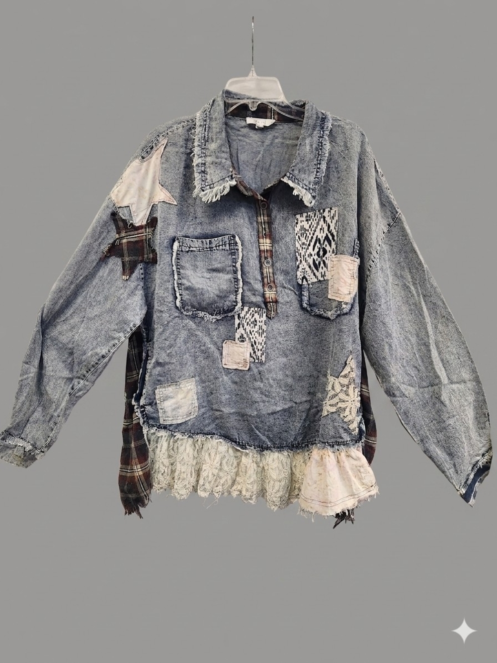0Oli & Hali Distressed Patchwork Denim Shirt